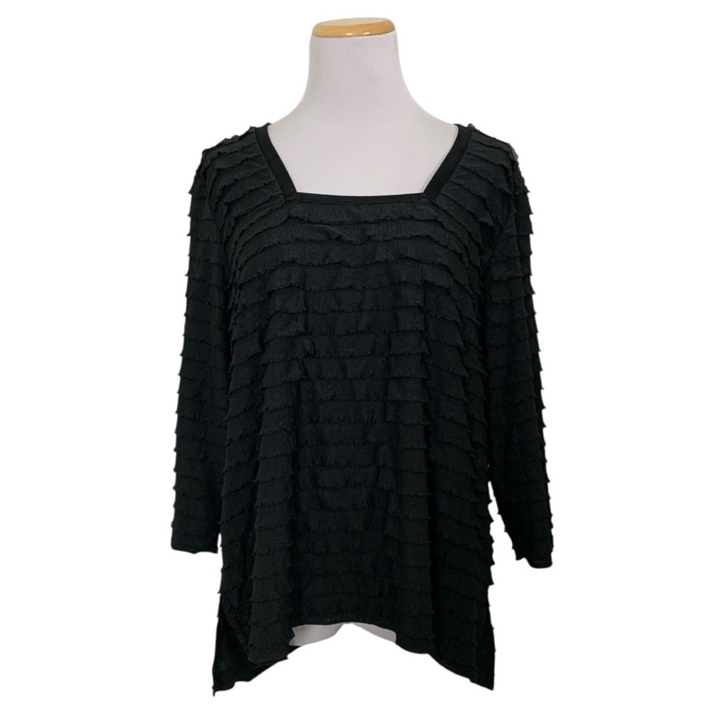 Slinky Brand Ruffle Square Neck Top Women’s 1X Black Long Sleeve Stretch Art